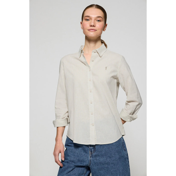 Camicia color crema regular in lino-cotone con ricamo Rigby Go