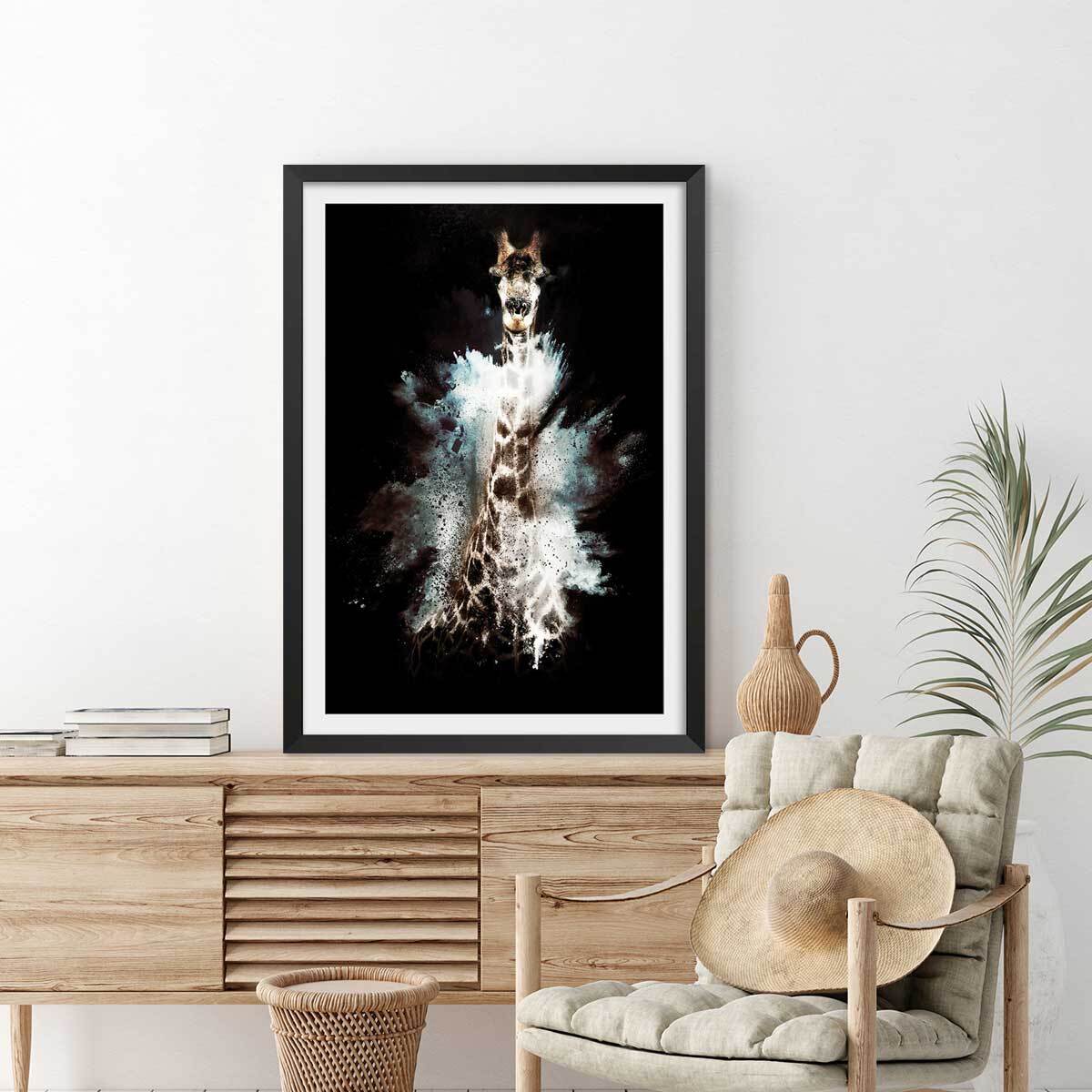 Affiche wild explosion girafe Affiche + cadre en bois - Noir