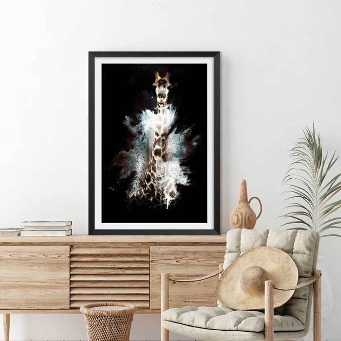 Affiche wild explosion girafe Affiche + cadre en bois - Noir