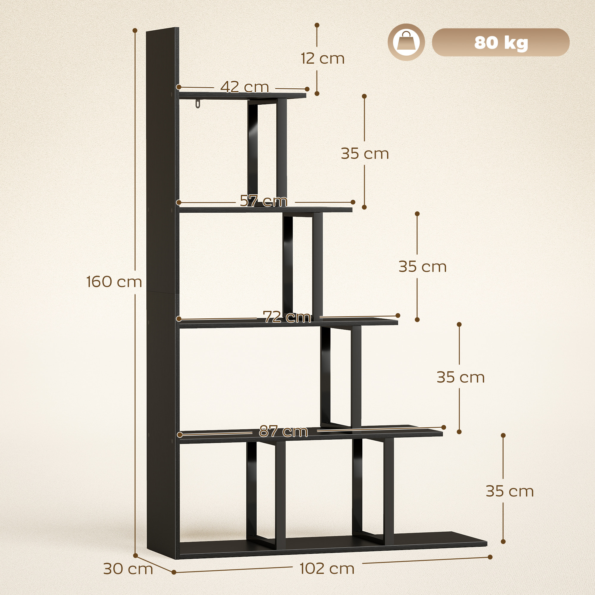Étagère bibliothèque séparateur de pièce style industriel en escalier 5 étagères effet bois noir