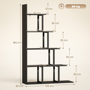Étagère bibliothèque séparateur de pièce style industriel en escalier 5 étagères effet bois noir