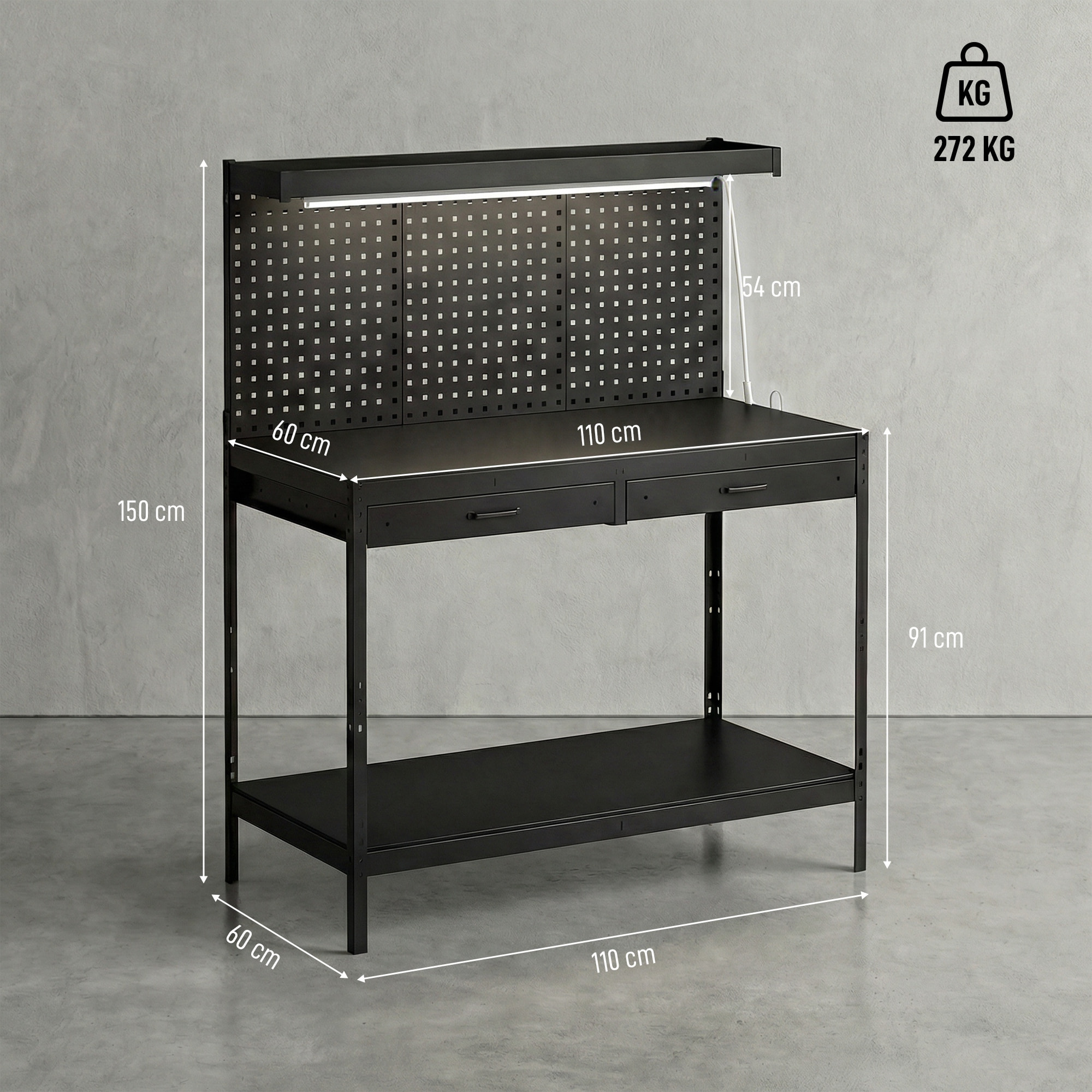 Banco de Trabajo, Carga 272 kg, 110x60x150 cm, Mesa de Trabajo con Tableros Perforados Metálicos, Toma de Corriente, Luces LED, 2 Cajones y Estantes, para Garaje y Taller, Negro