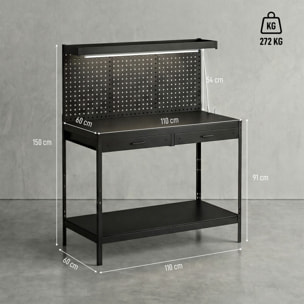 Banco de Trabajo, Carga 272 kg, 110x60x150 cm, Mesa de Trabajo con Tableros Perforados Metálicos, Toma de Corriente, Luces LED, 2 Cajones y Estantes, para Garaje y Taller, Negro