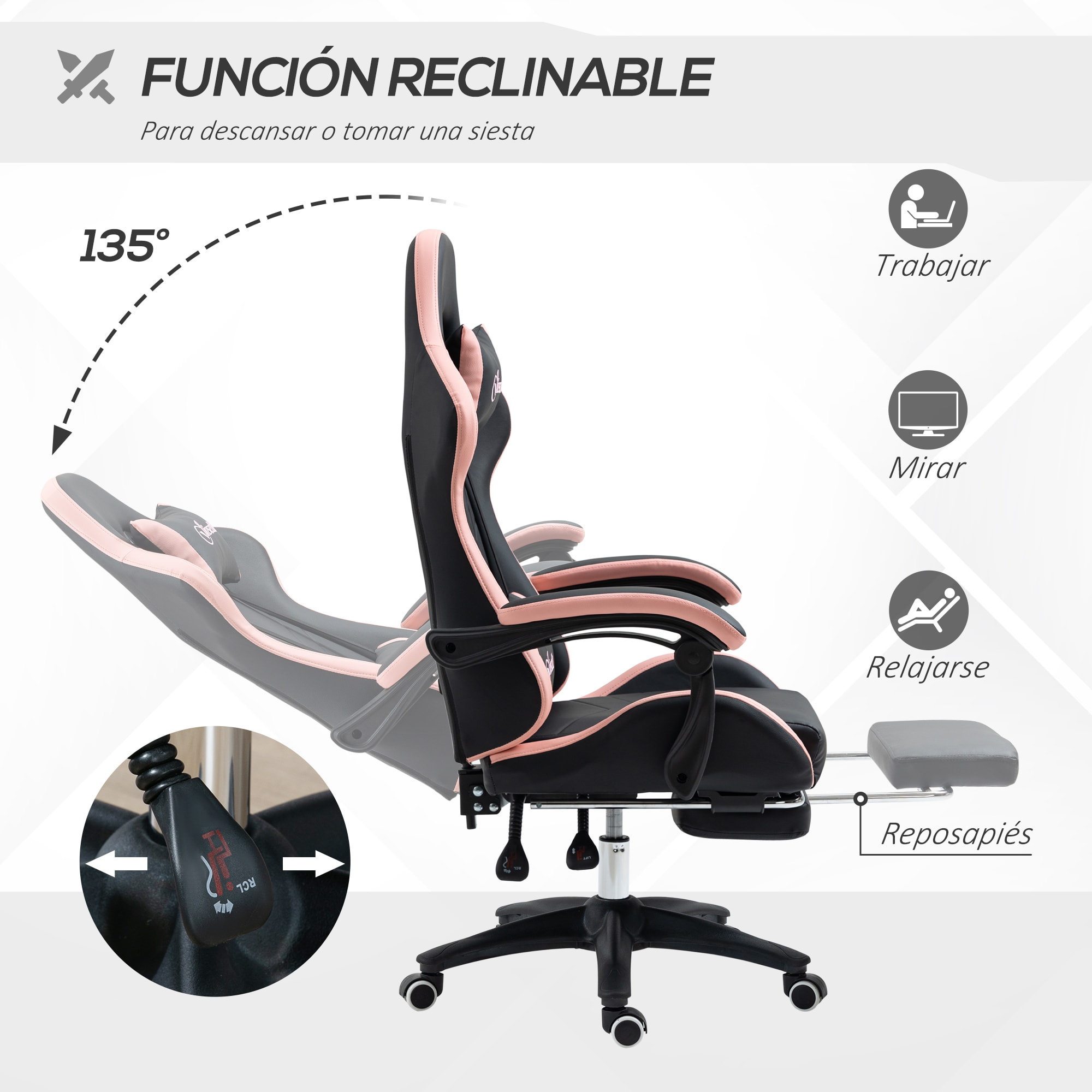 Silla Gaming Silla Gamer Racing de Cuero PU con Altura Ajustable Reclinable 135° Reposacabezas y Reposapiés Retráctil para Oficina Estudio 65x65x121-129 cm Negro