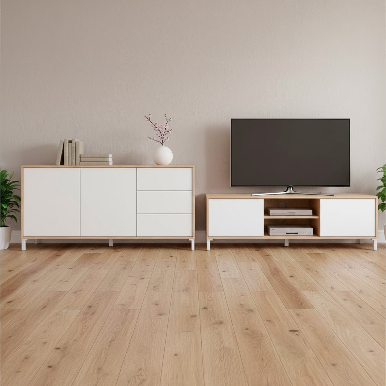 Credenza Madia Con 2 Ante E 3 Cassetti Mobile Contenitore Moderno Con Ripiani Interni Guide In Metallo E Piedini ABS 154 x 41 x 75 Cm Rovere E Bianco
