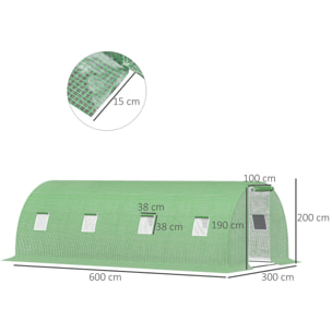 Serre de jardin tunnel 18 m² dim. 6L x 3l x 2H m - 8 fenêtres, porte zippée enroulable - châssis tubulaire acier galvanisé, bâche PE haute densité vert