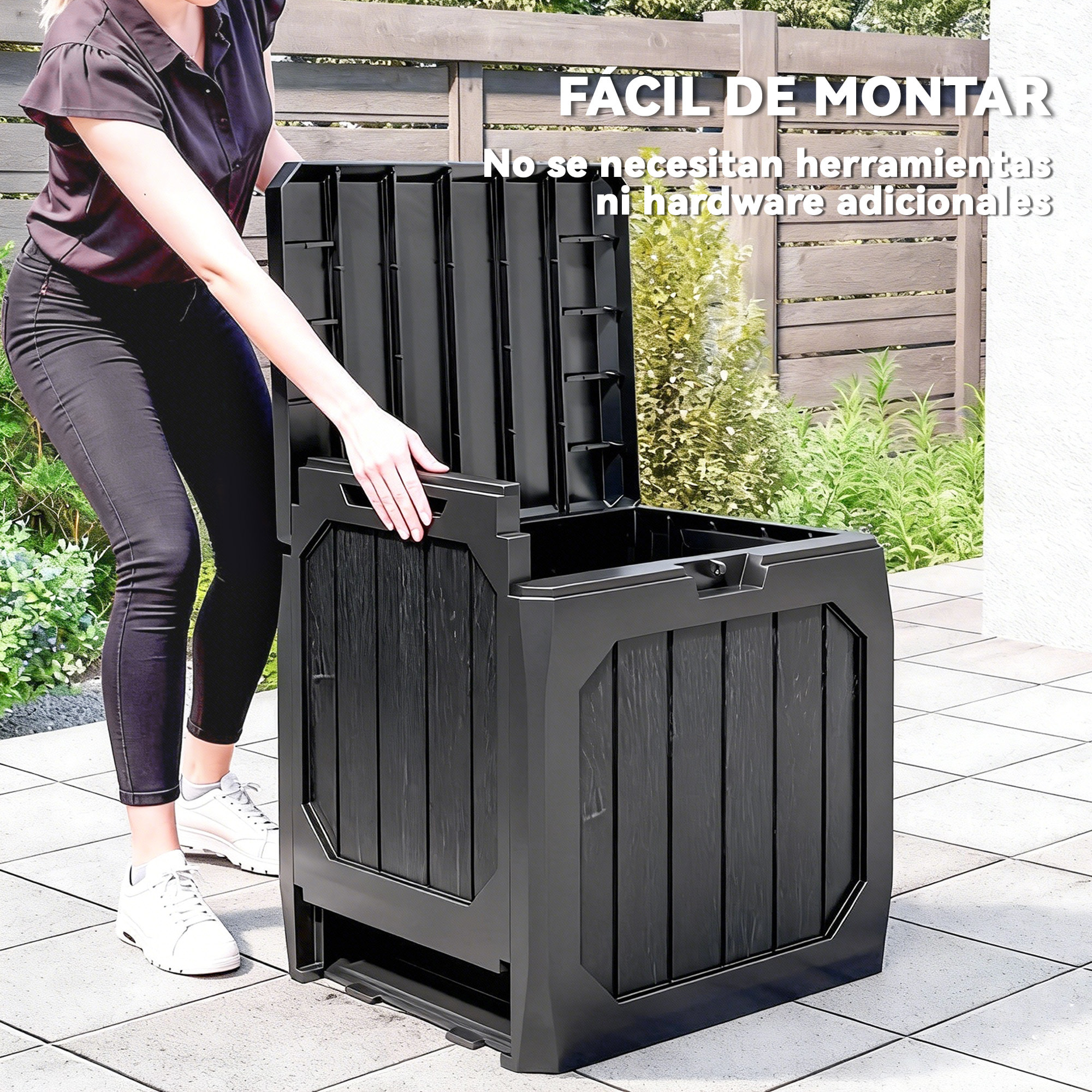 Arcón Exterior Capacidad 121L, Baúl Almacenaje Exterior de Plástico con 2 Asas y Tapa Bloqueable, Impermeable, Resistente a la Intemperie, para Jardín, Terraza, Patio, 56x45x53 cm, Negro
