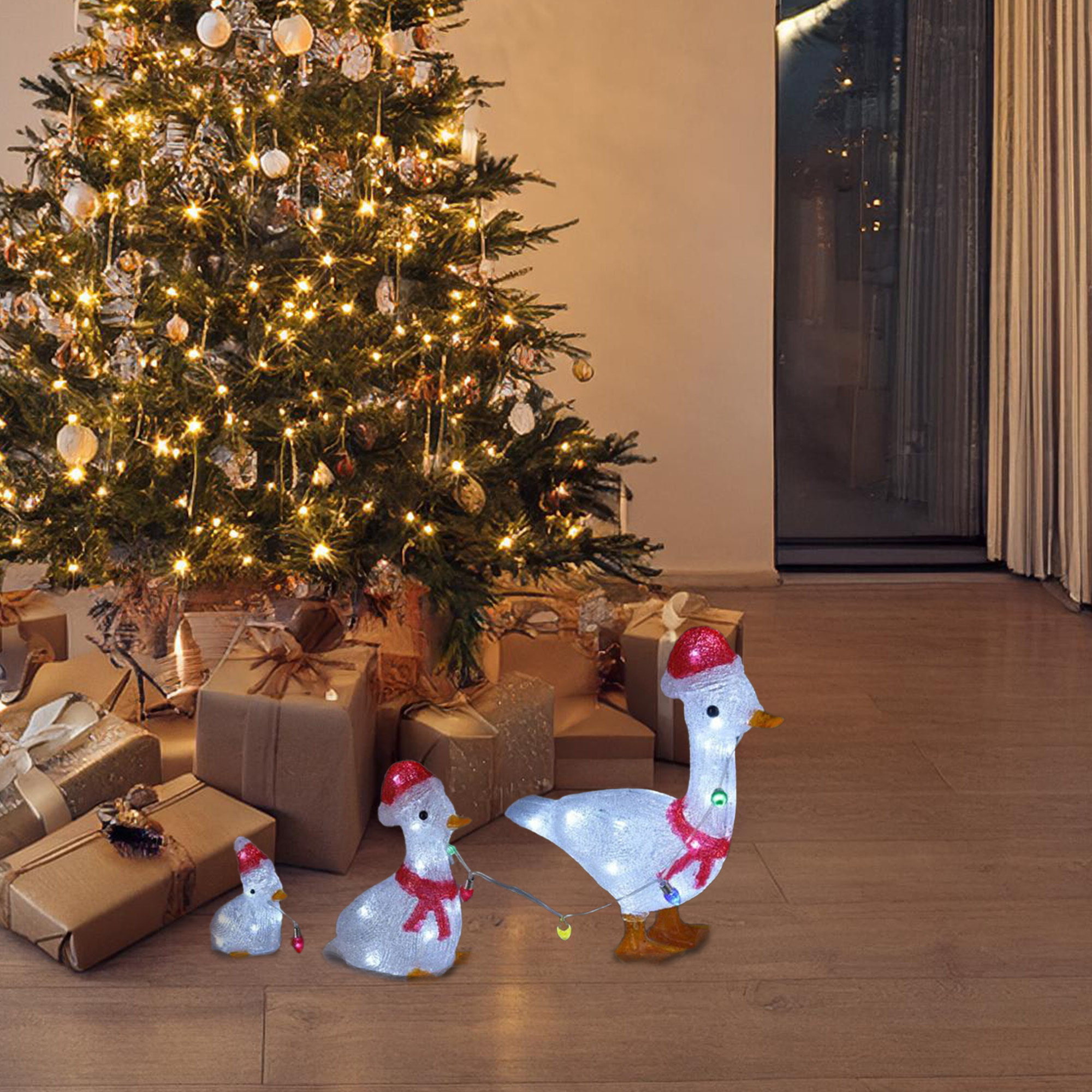 Set de 3 patos decorativos navideños con luces led blancas y temporizador