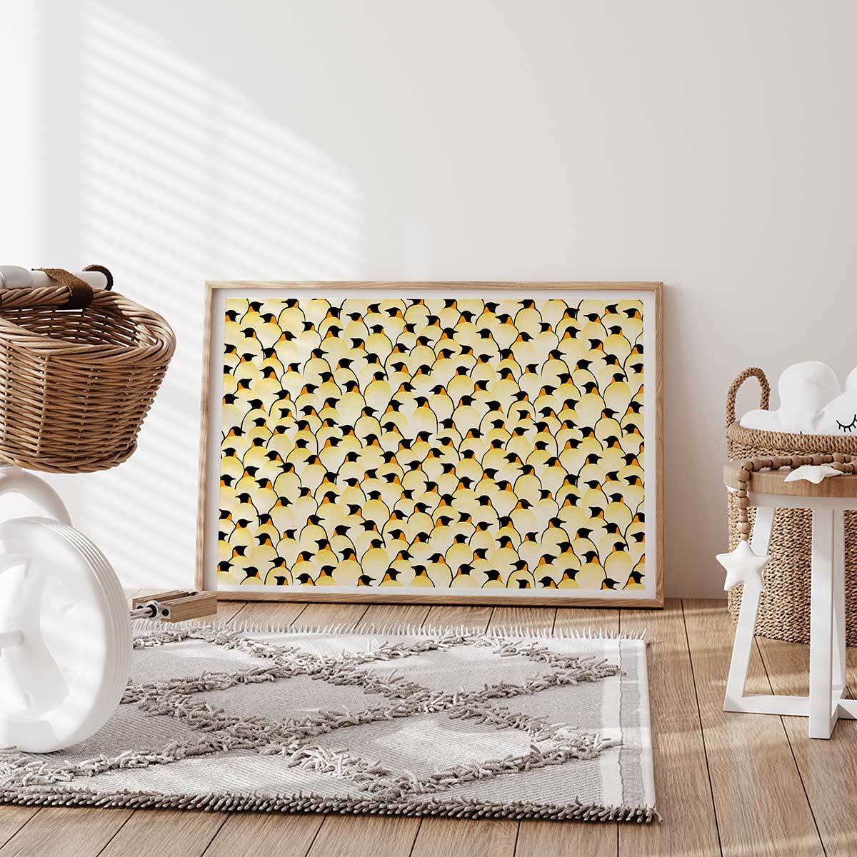 Affiche enfant pingouins  Affiche + cadre en bois - Chêne