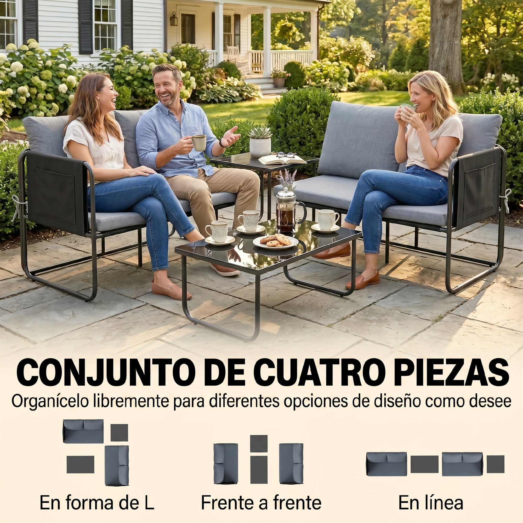 Conjunto Jardín Exterior de 4 Piezas, Muebles Jardín Exterior con 2 Sofás 2 Plazas, 2 Mesas de Vidrio, Cojines, Fundas Extraíbles, Bolsillos, Tela Textilene Transpirable, Marco Acero, Gris