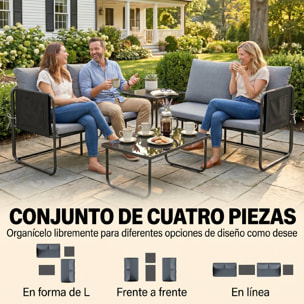 Conjunto Jardín Exterior de 4 Piezas, Muebles Jardín Exterior con 2 Sofás 2 Plazas, 2 Mesas de Vidrio, Cojines, Fundas Extraíbles, Bolsillos, Tela Textilene Transpirable, Marco Acero, Gris