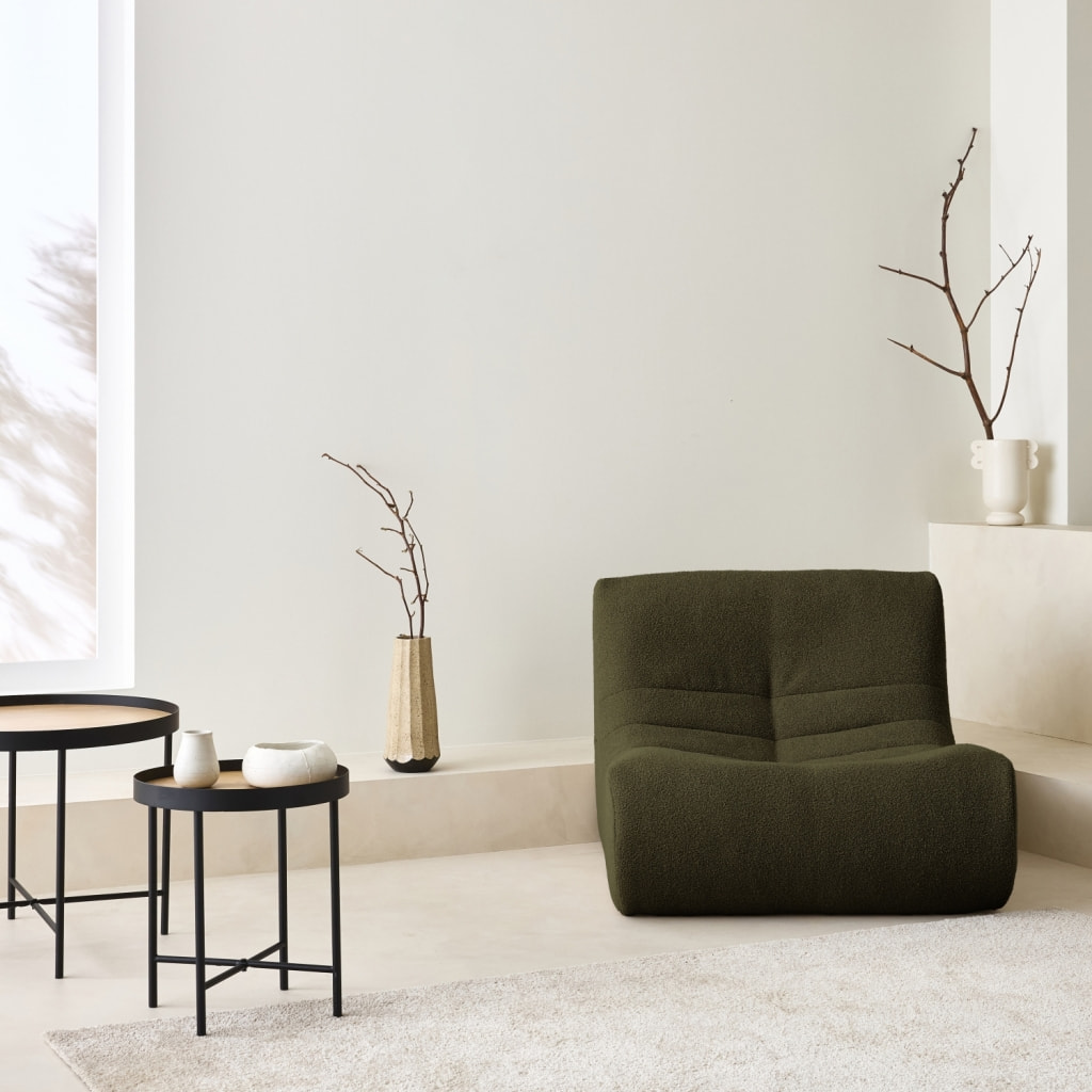 Fauteuil chauffeuse en bouclette texturée kaki foncé style contemporain 1 place