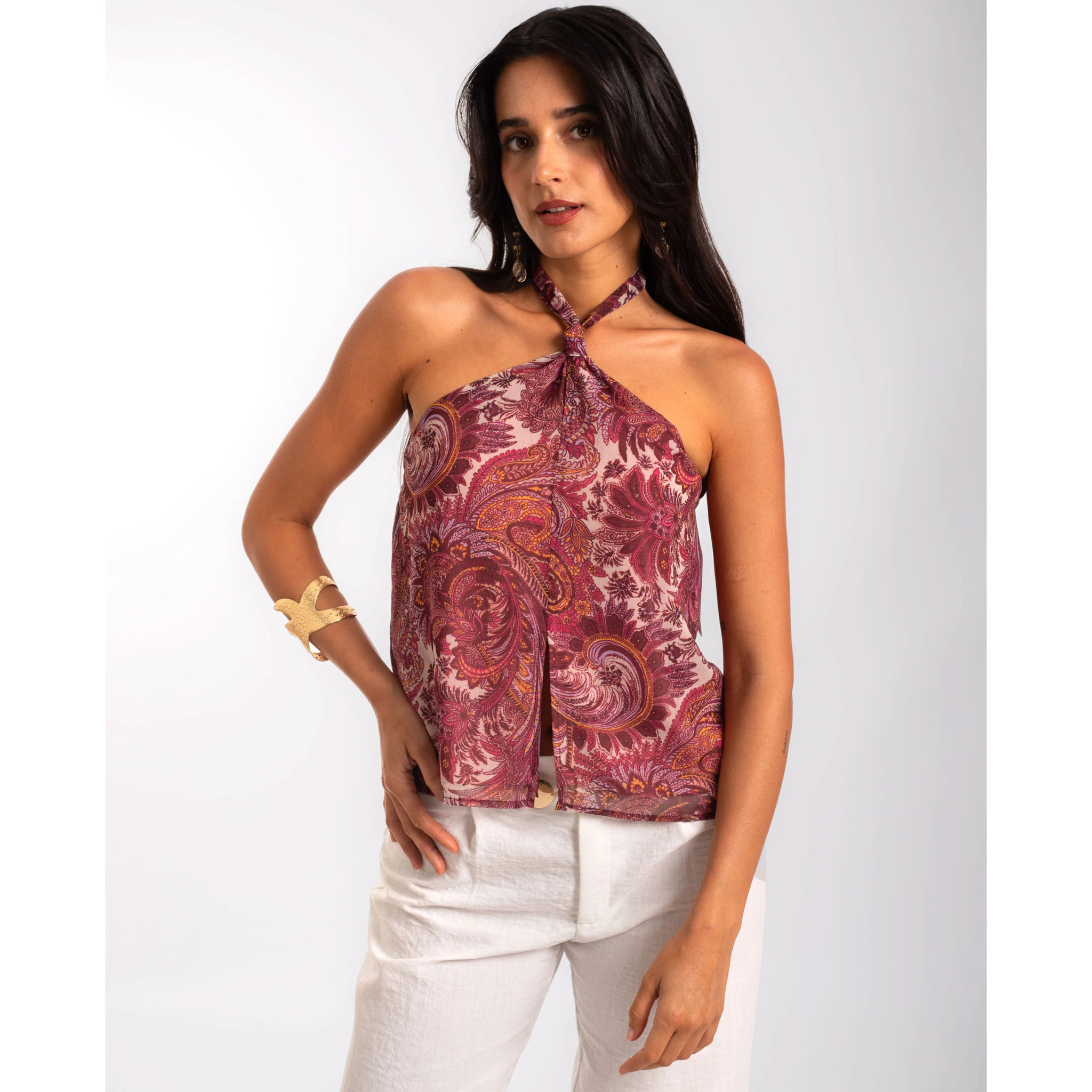 Blusa de mujer estampada con lazada al cuello y espalda descubierta