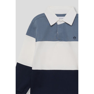 Polo niño de manga larga azul, blanco y marino de franjas anchas, cuello clásico y botones ocultos | Color: Azul medio | Street Monkey