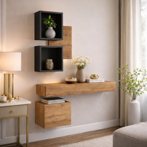 Mobile Ingresso Moderno Con Pensili A Giorno Mensole Sospese Con Cassetto E Anta Salvaspazio Design Nordico 100 x 170 x 30 Cm Nero E Rovere