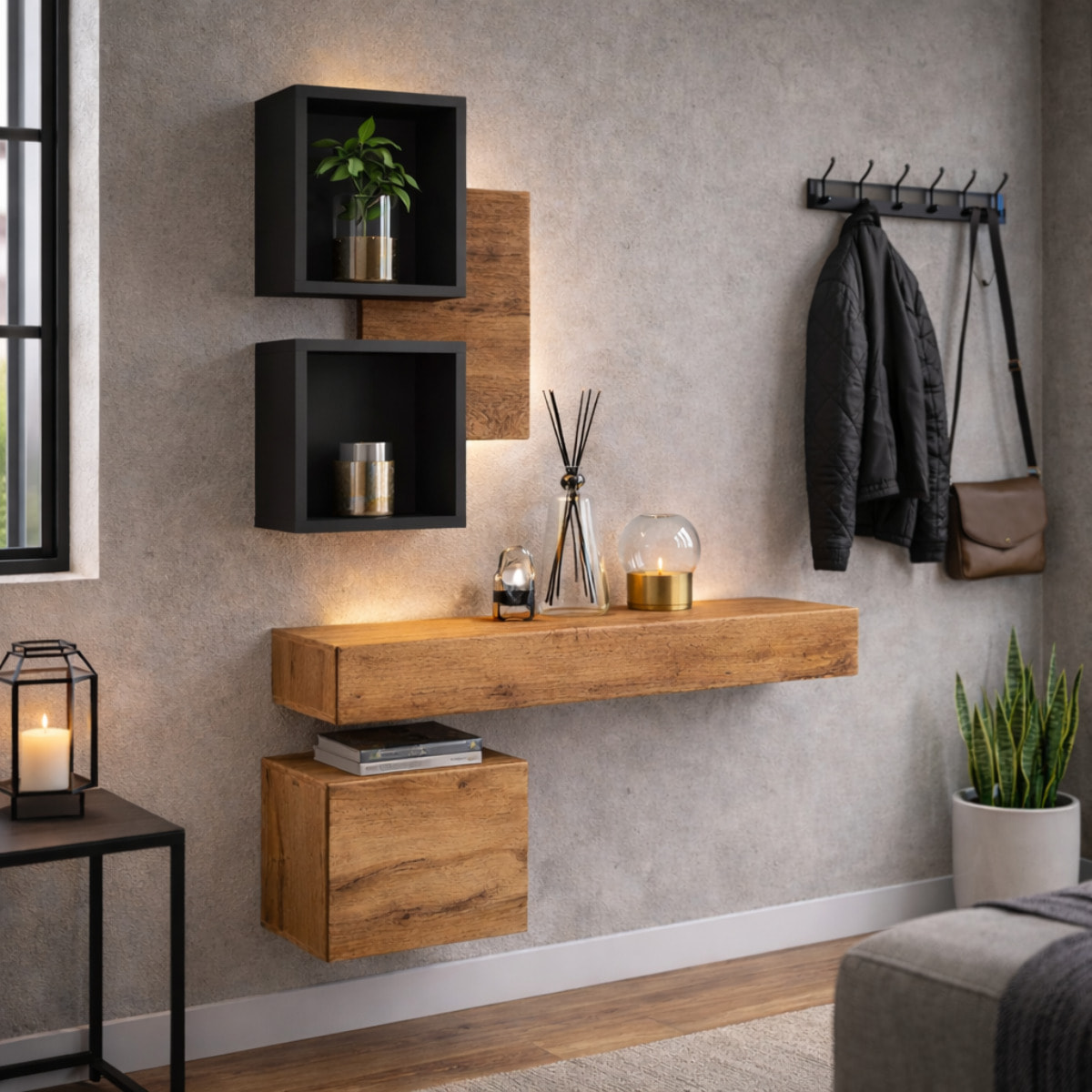 Mobile Ingresso Moderno Con Pensili A Giorno Mensole Sospese Con Cassetto E Anta Salvaspazio Design Nordico 100 x 170 x 30 Cm Nero E Rovere