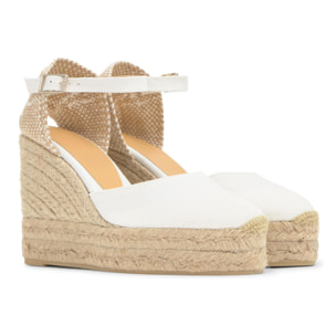 Alpargata de cuña 8 cm en lona de algodón con talonera trenzada y pulsera al tobillo