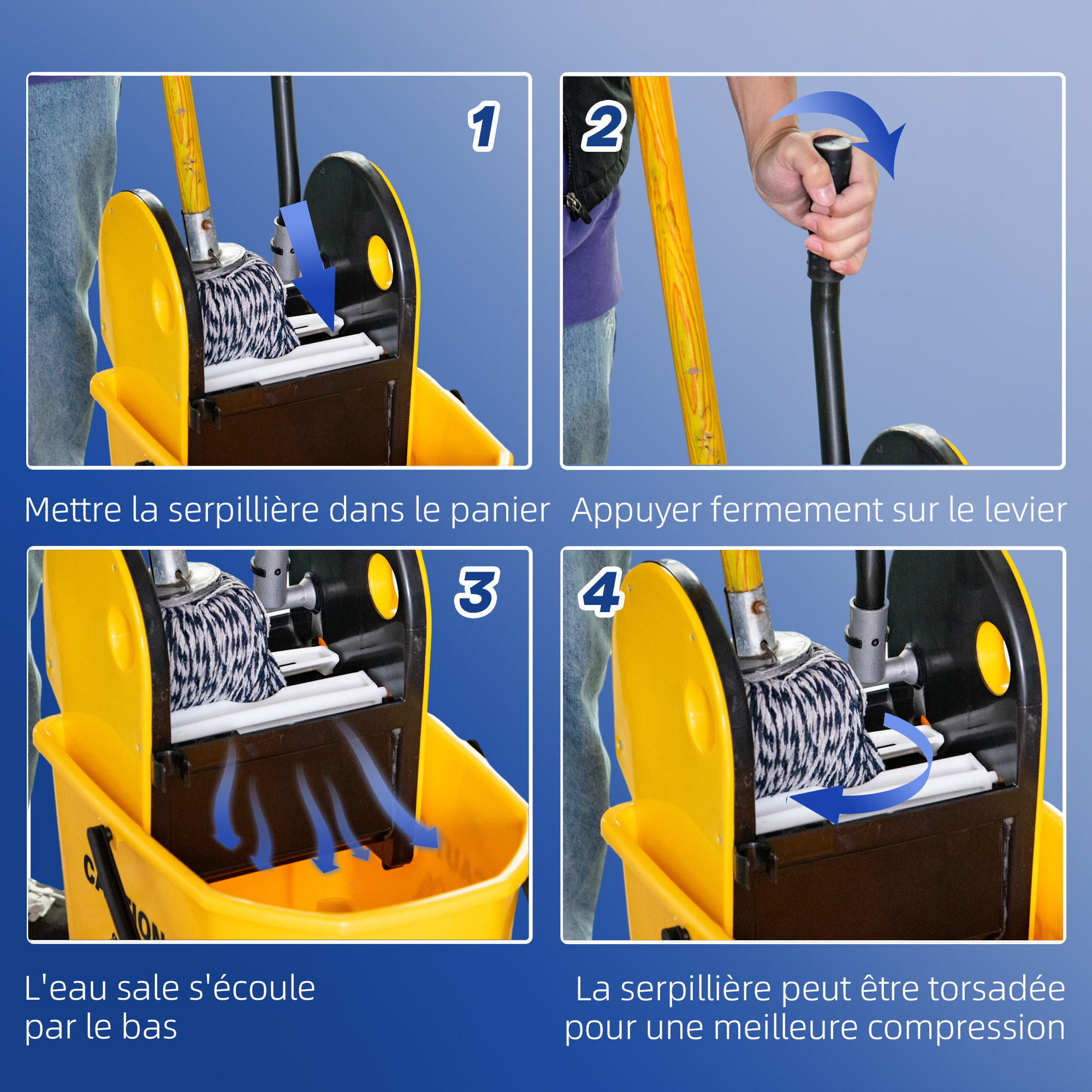 Chariot de nettoyage lavage seau de ménage 26L avec essoreur - 4 roulettes, poignées - métal PP jaune noir