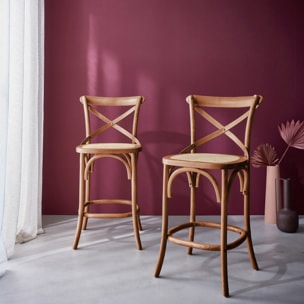 Lot de 2 tabourets de bar bistrot vintage en bois d'hévéa effet noyer avec repose-pieds