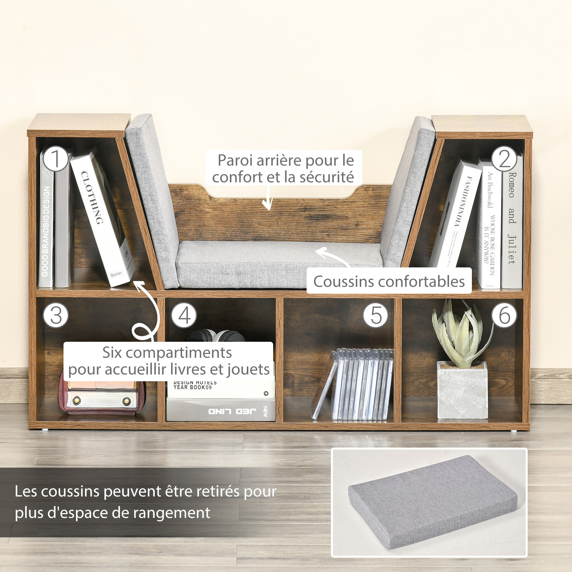 Bibliothèque banc 2 en 1 design contemporain 6 casiers 3 coussins fournis 102L x 30l x 61H cm aspect bois vieilli gris