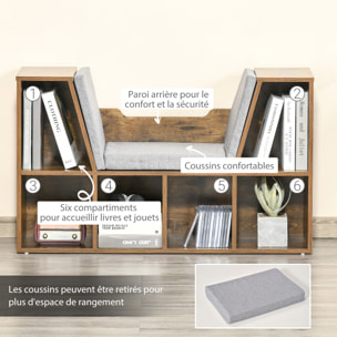 Bibliothèque banc 2 en 1 design contemporain 6 casiers 3 coussins fournis 102L x 30l x 61H cm aspect bois vieilli gris