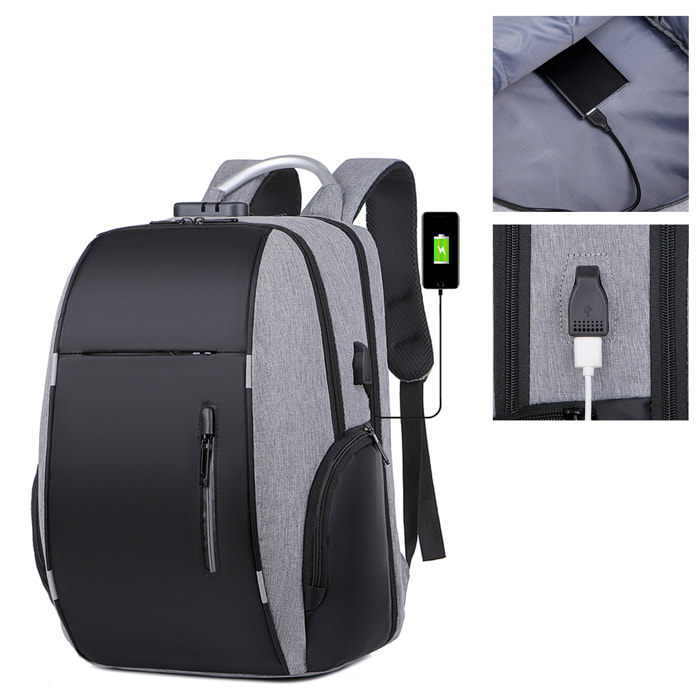 Zaino porta laptop 15,6". Strato impermeabile ad alta resistenza, adattabile al Trolley. Chiusura con cerniera. Presa USB esterna.