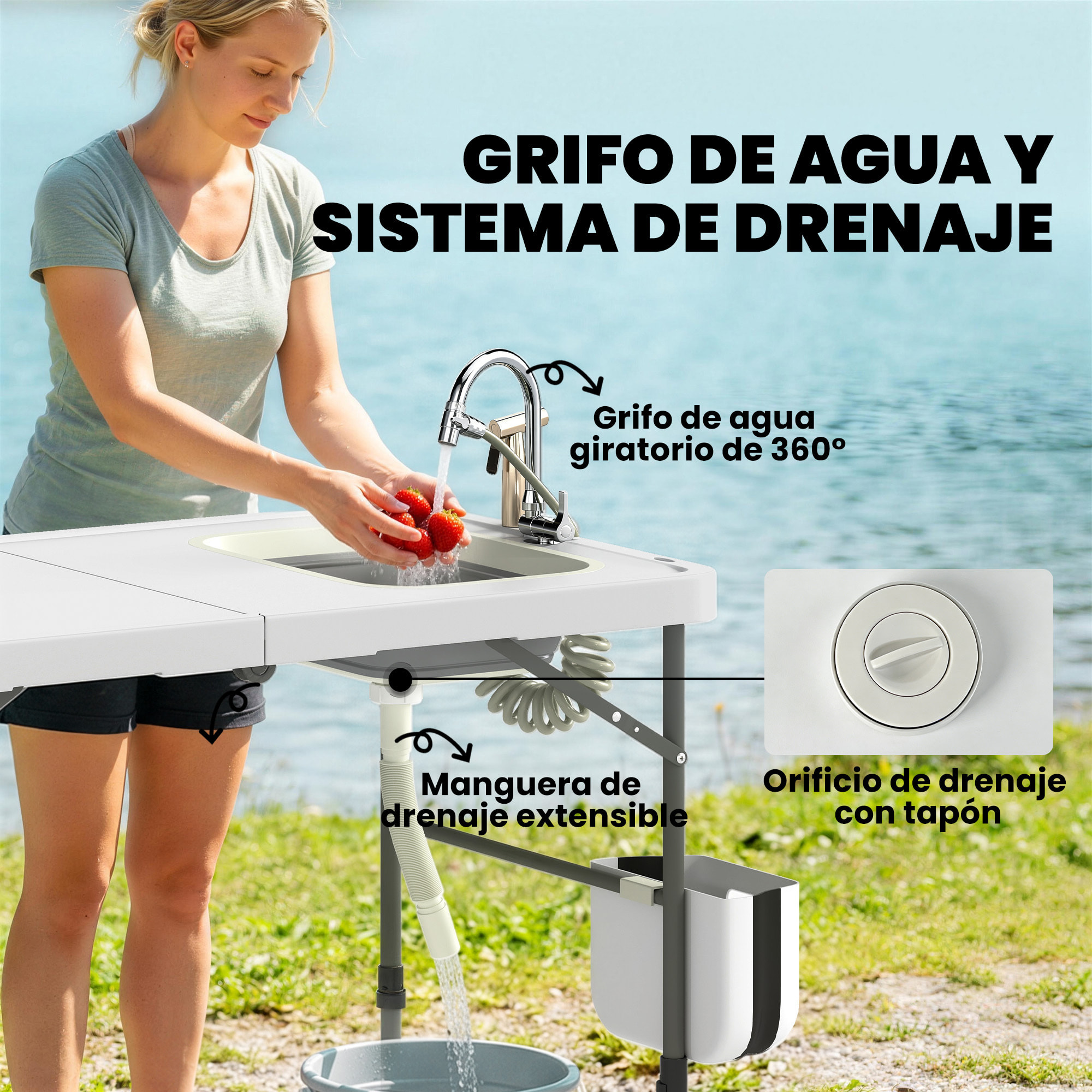 Mesa de Limpieza de Pescado Portátil, Mesa Plegable Camping con Altura Regulable, Grifo, Fregadero y Cesta Plegables, Manguera, Bolsa de Transporte, Regla, Ranuras, Estación de Limpieza Pesca