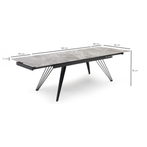Table extensible en céramique gris brillant L160/240cm - 9 piètements - UNIK