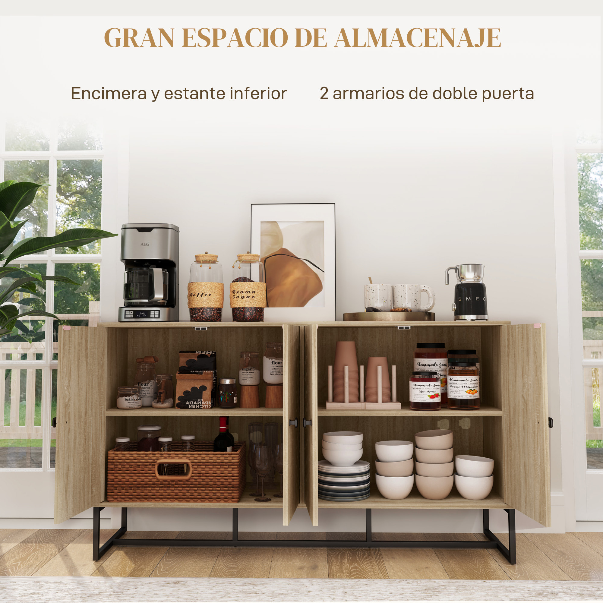 Aparador de 4 Puertas con Diseño Chevron, Aparador de Salón con Estantes Ajustables, Patas de Acero, para Cocina, Entrada, Dormitorio, Roble, 140,5x40x81,5 cm