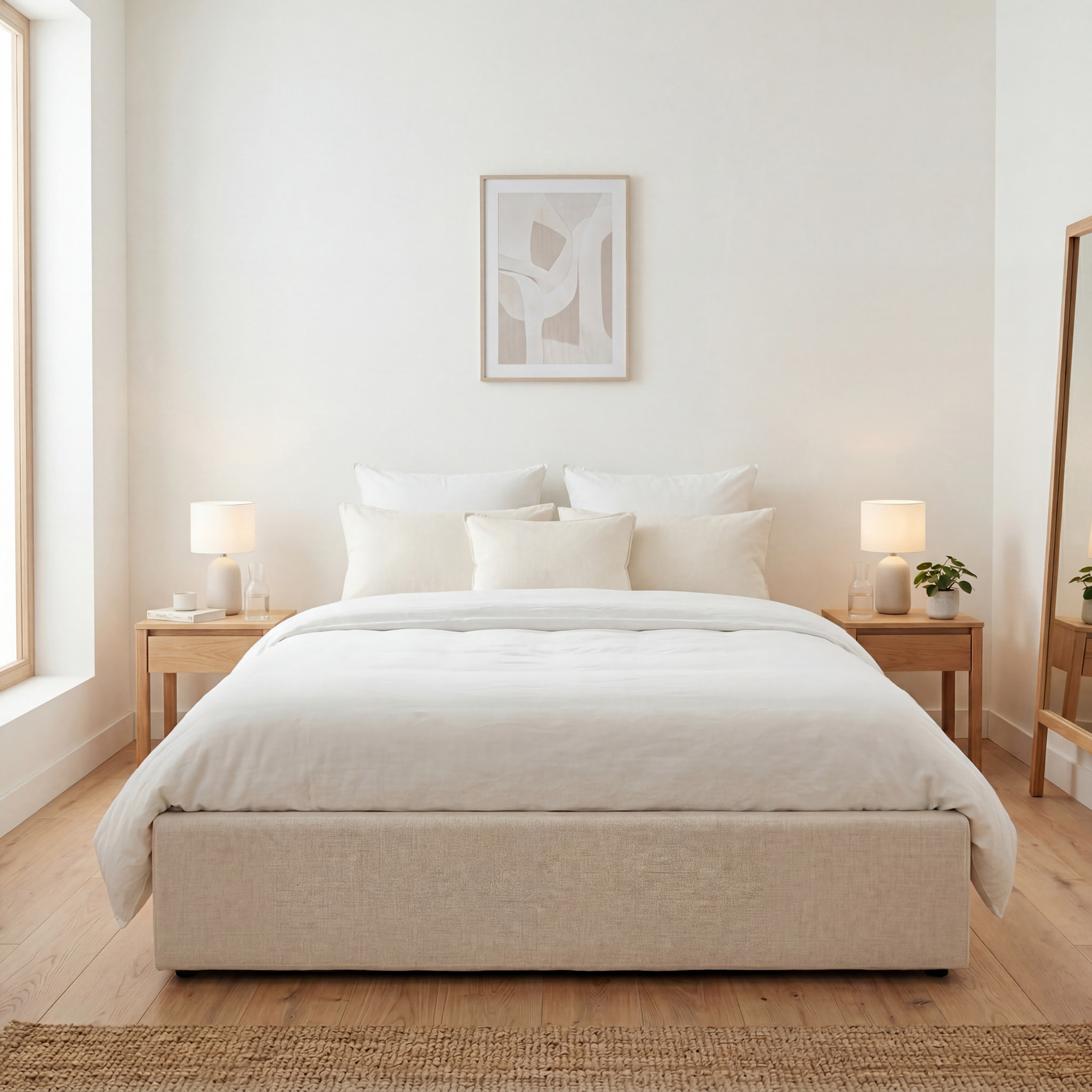 Lit Coffre Atlas en Tissu Beige, Grand espace de rangement, Sommier à Lattes actives, Structure Robuste, Design Moderne