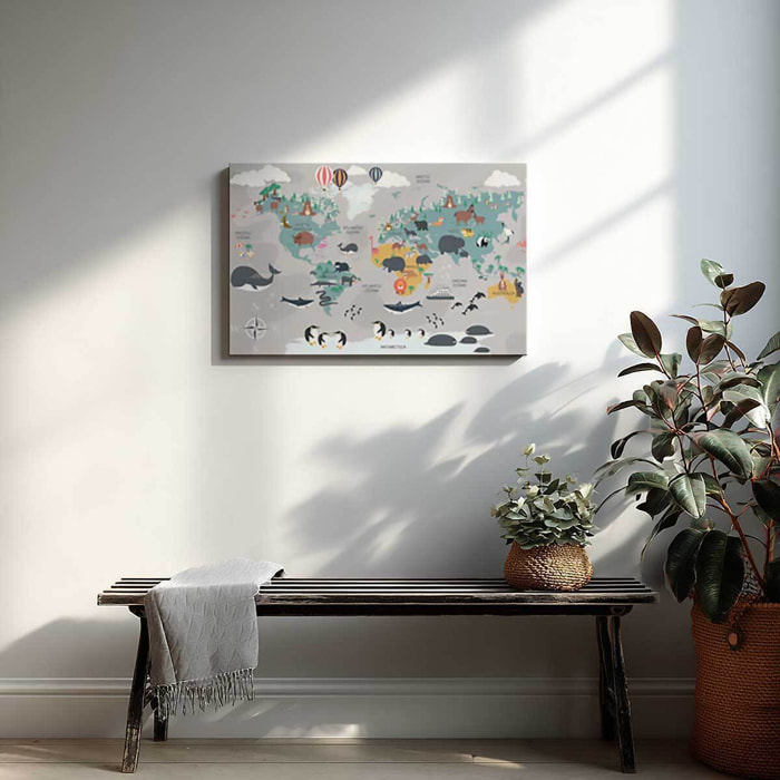 Tableau carte du monde illustrée animaux Toile imprimée