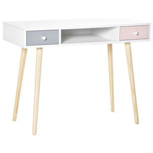 Bureau enfant style scandinave avec tiroir et compartiment de rangement 100L x 48l x 76,5H cm MDF et pin blanc gris et rose