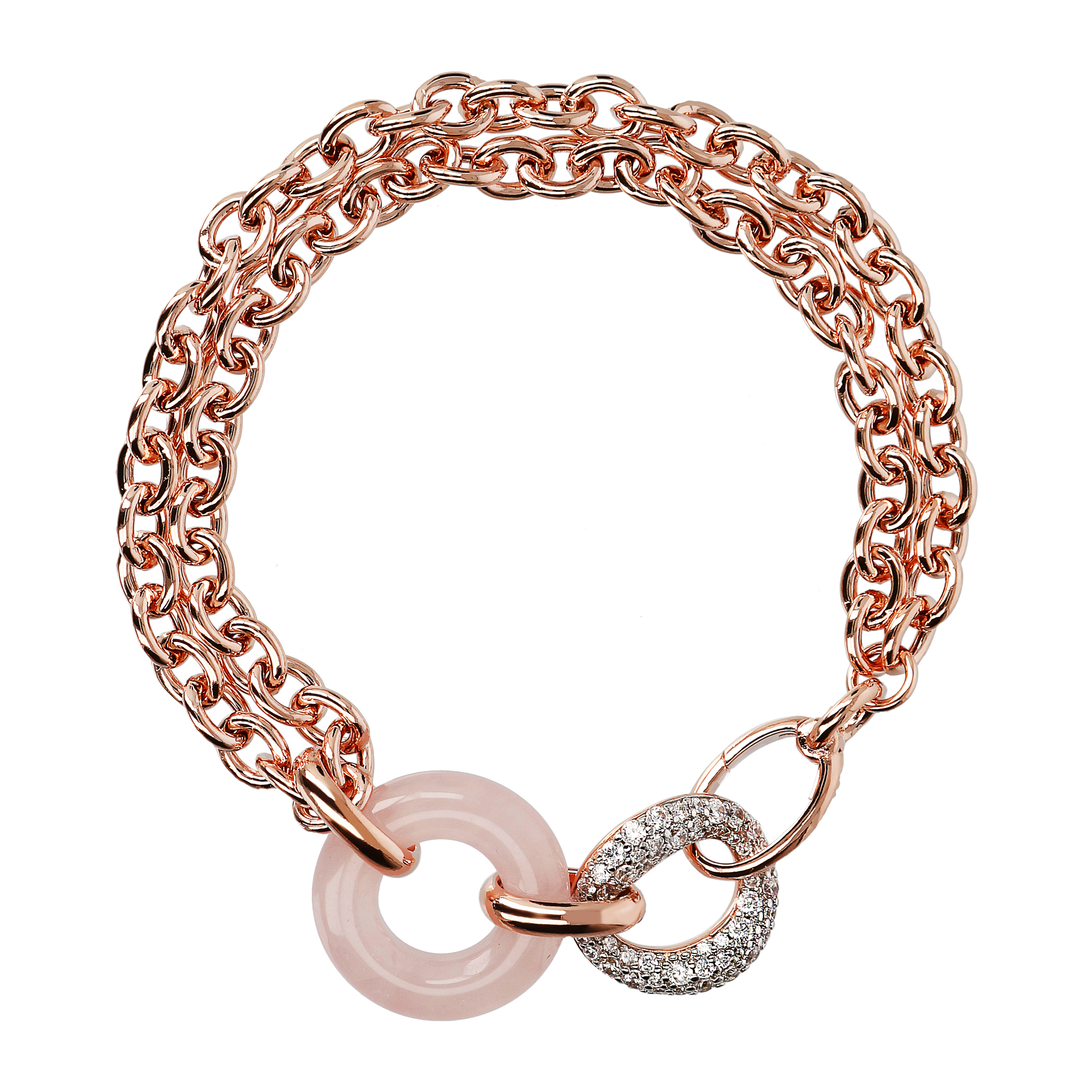 Bracciale Multifilo Catena Rolo con Doppio Cerchio in Pietra Naturale Quarzo Rosa e Cubic Zirconia