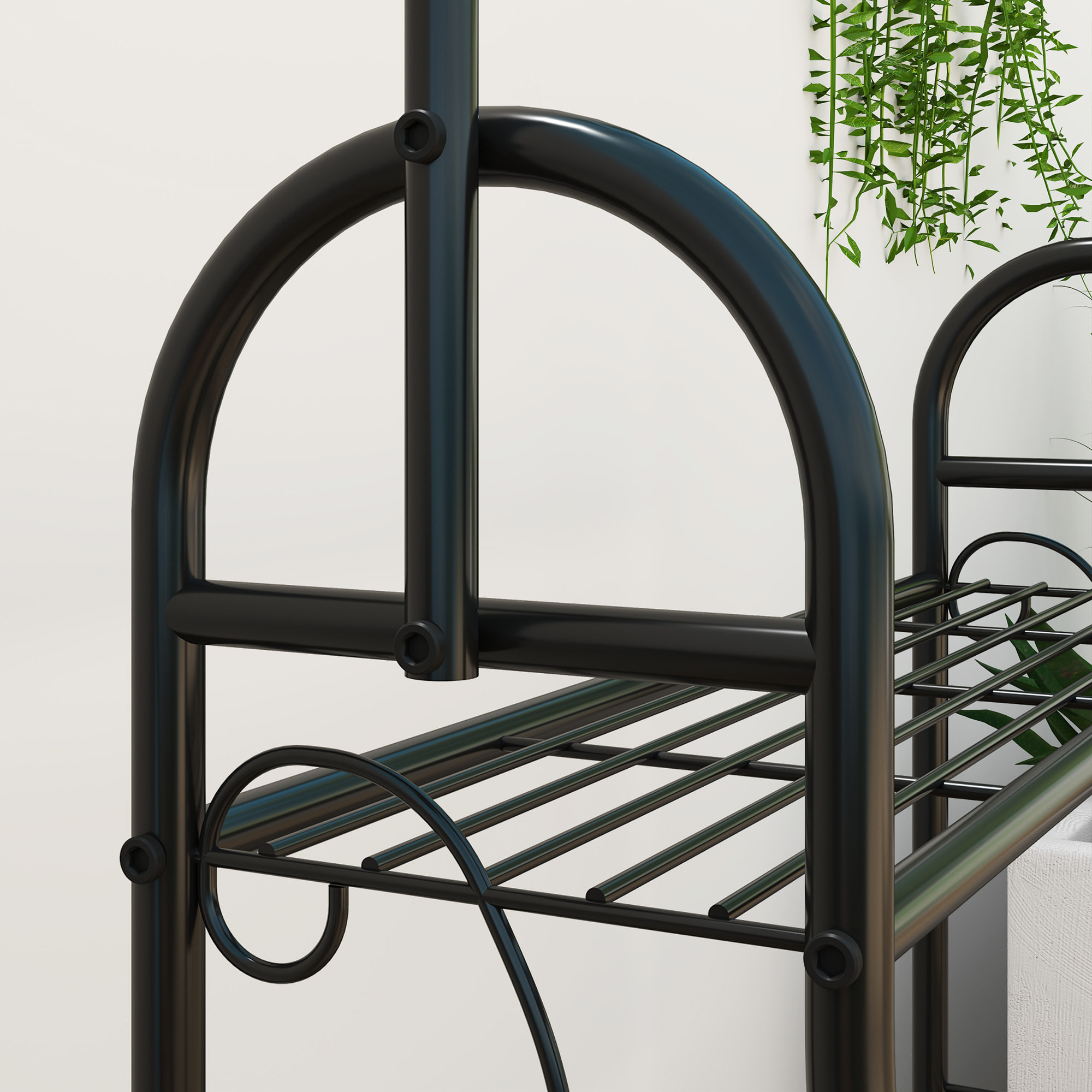 Estantería para Plantas de 3 Niveles Soporte para Plantas con Ganchos de Metal Barra para Colgar Soporte para Macetas para Interior y Exterior Negro