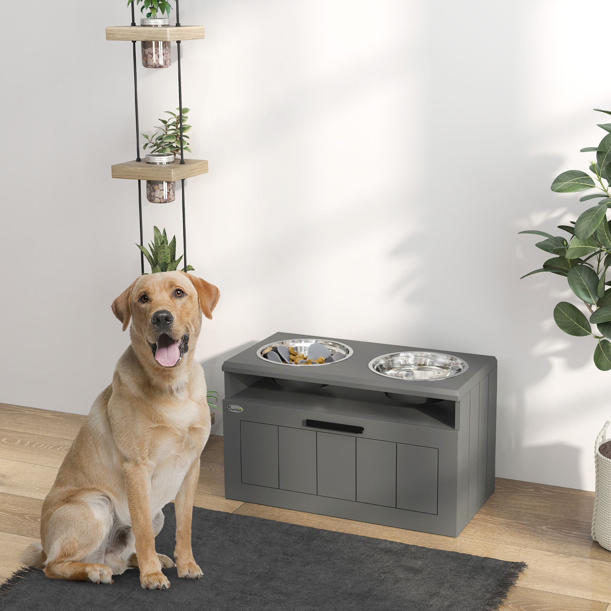 Gamelle double chien porte-gamelles surélevé anti-glouton tiroir niche gris
