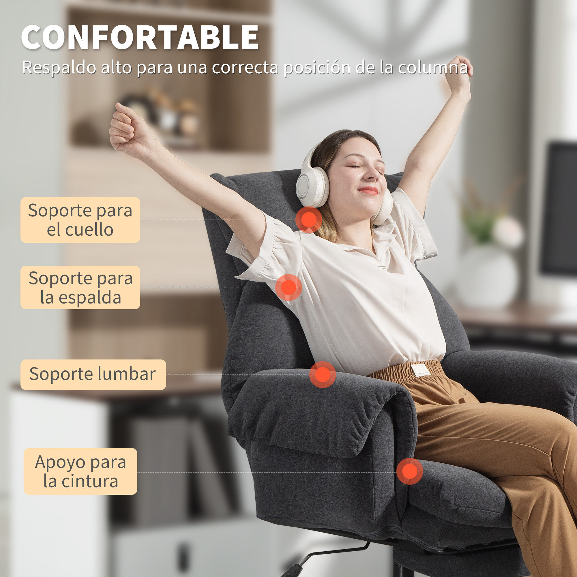 Silla de Escritorio con Reposapiés, Silla de Oficina Giratoria, con Respaldo Reclinable y Alto, Asiento y Reposabrazos Anchos, Acolchado Grueso, Tapizada en Terciopelo, Altura Ajustable, Gris