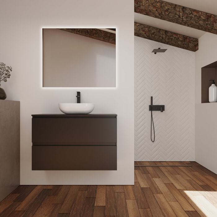 Conjunto de Baño Kaji | Mueble de Baño Suspendido | 100 cm Negro| Dos Cajones | Lavabo Ovalado sobre Encimera | No incluye Espejo | Alday
