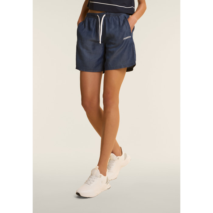 Pantaloni Corti in Chambray con Coulisse in Contrasto