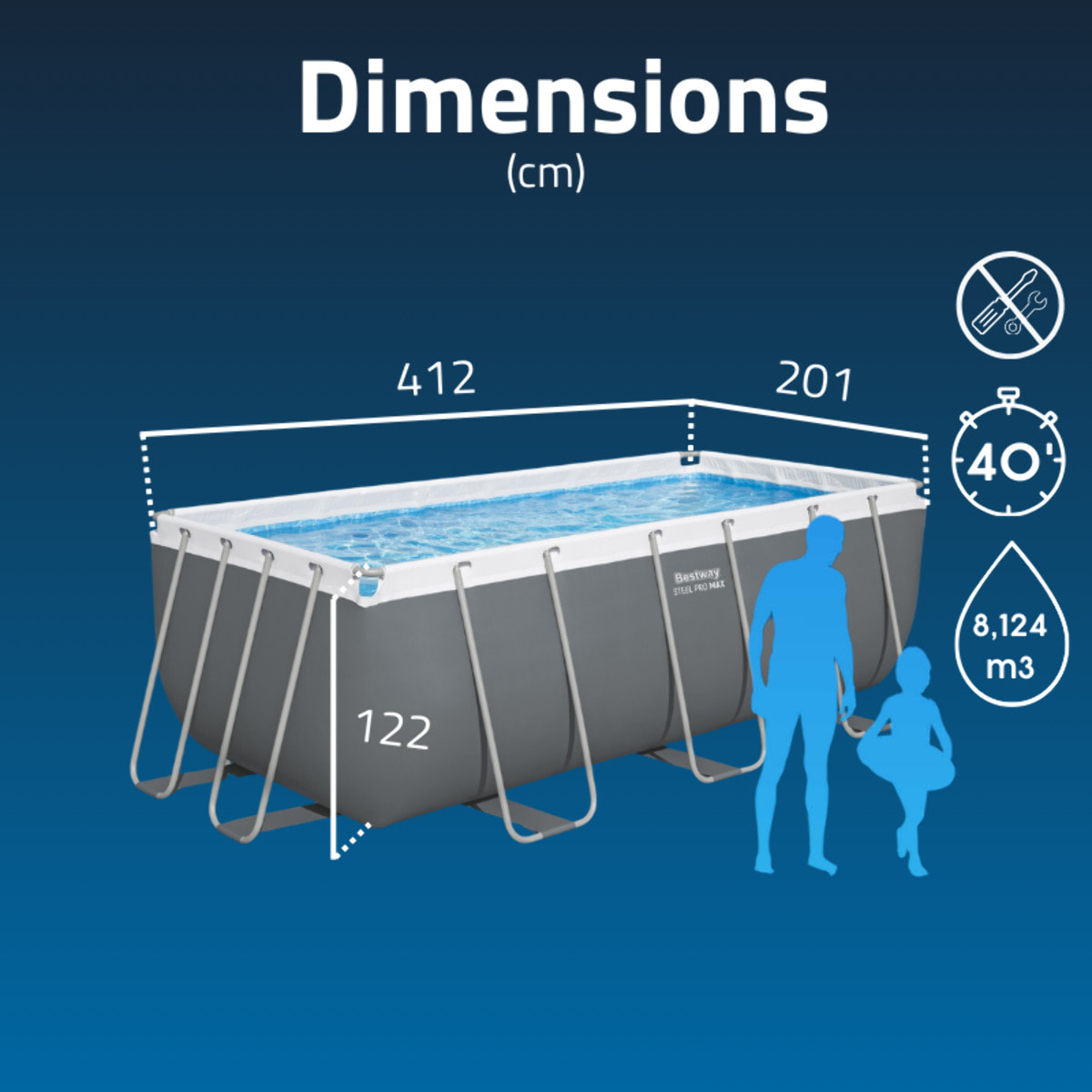 Bestway Piscine hors sol tubulaire rectangulaire Bestway Steel Pro Max 412 x 201 x 122 cm gris sans accessoires