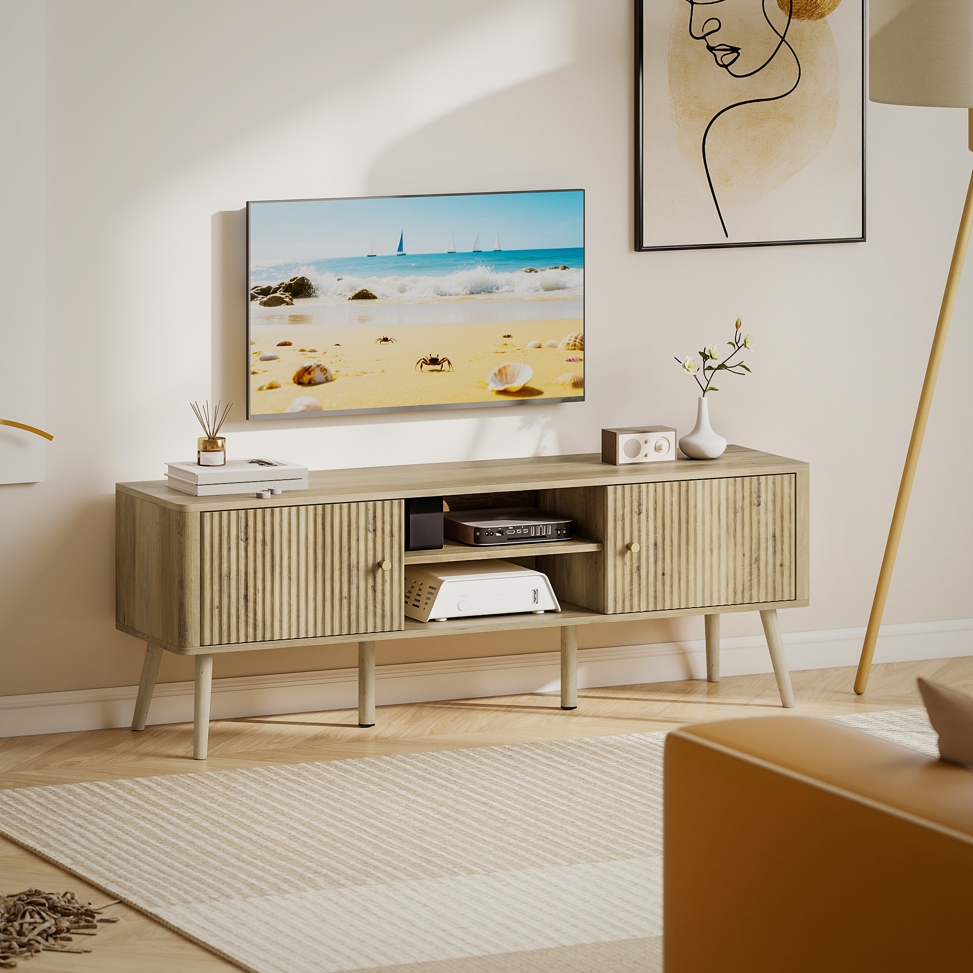 Meuble TV design effet cannelé naturel 2 portes 2 niches bois de pin effet bois clair