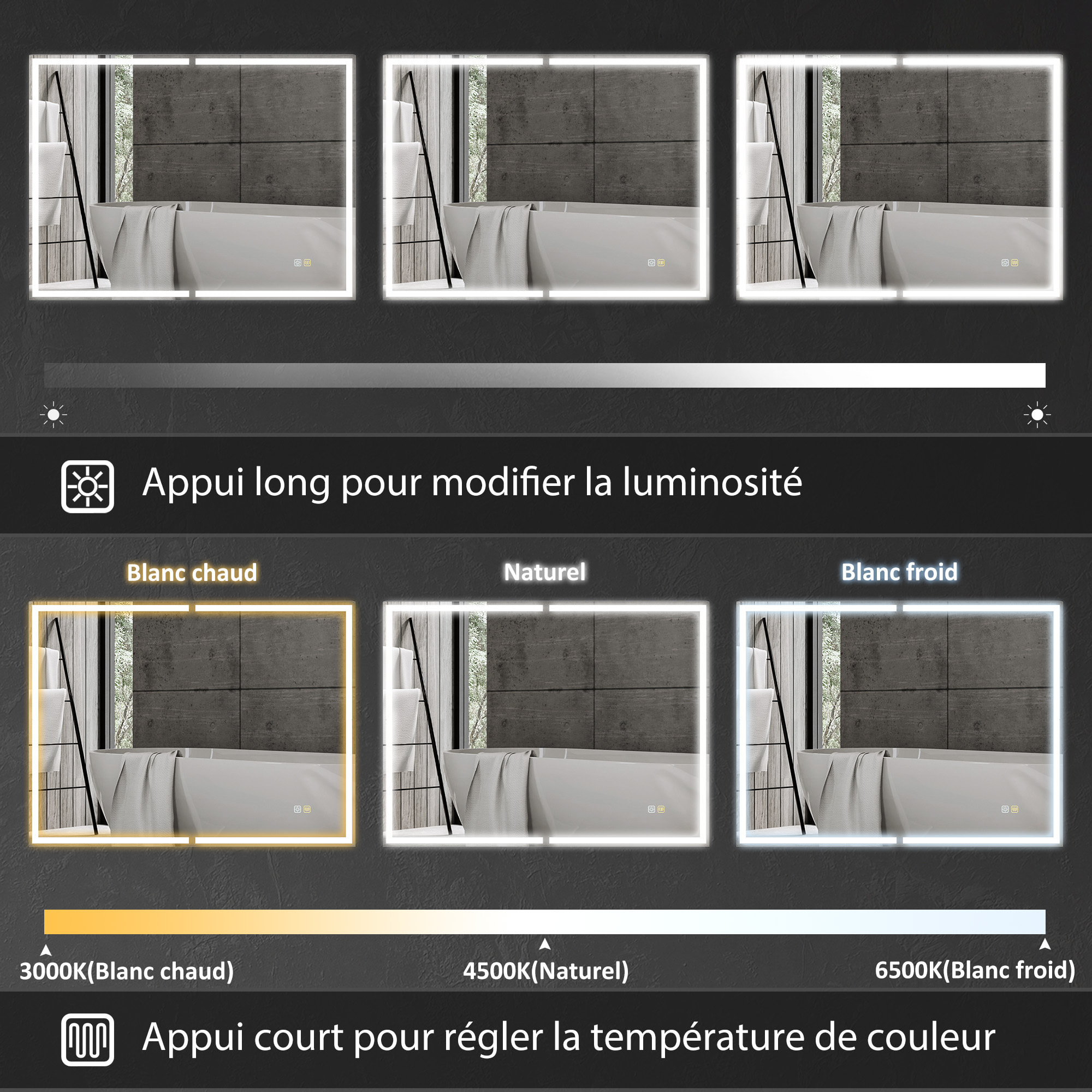 Armoire murale salle de bain  2 portes miroir lumineux LED intégré 60 x 80 cm 2 étagères verre alu noir