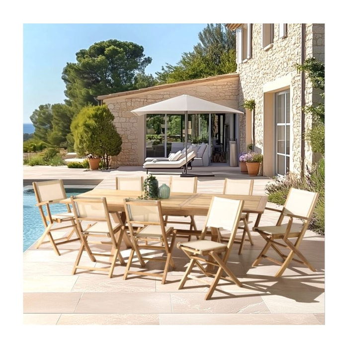 FUN - Ensemble de jardin en bois teck et textilène 10/12 personnes