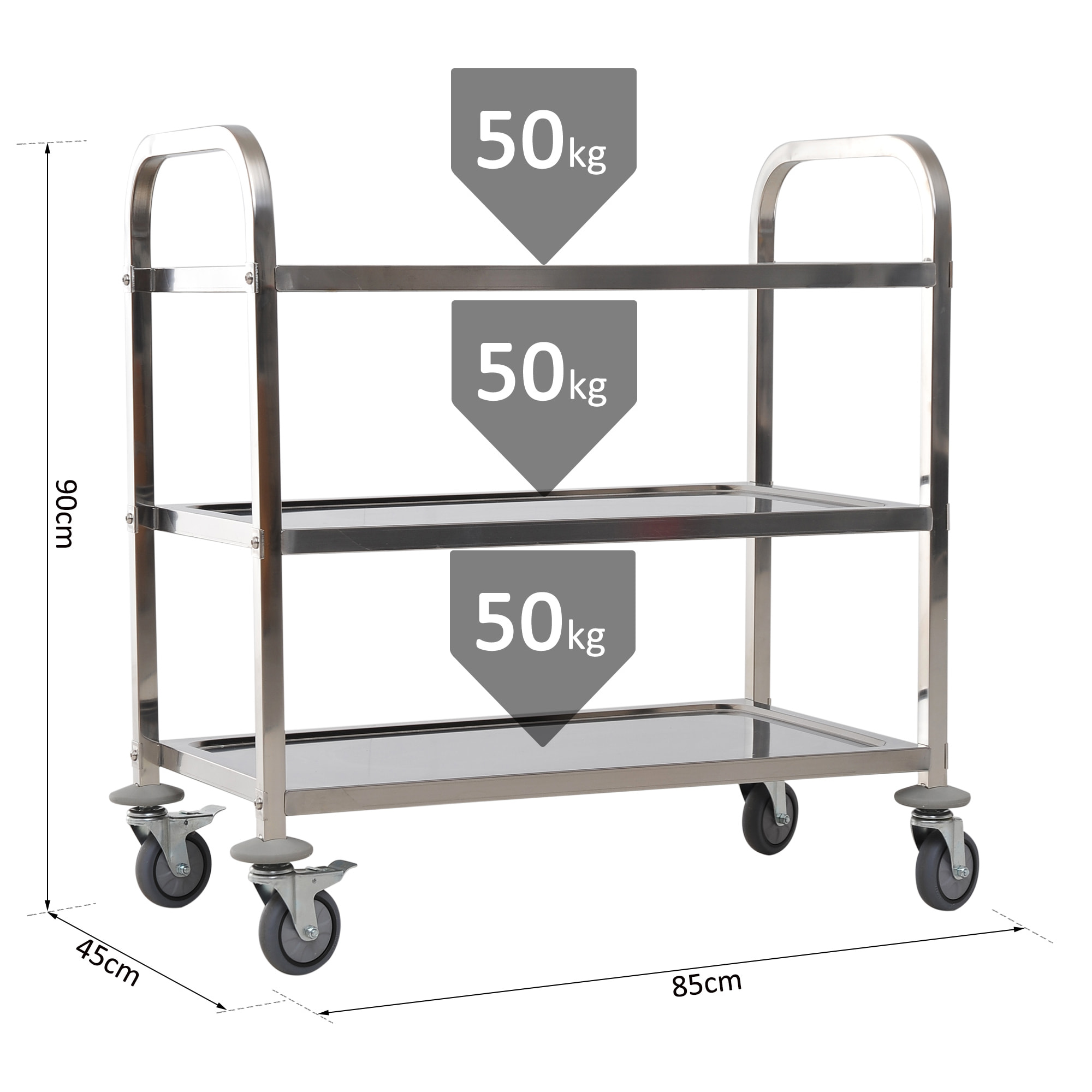 HOMCOM Chariot de service desserte de cuisine à roulettes 3 étagères 85L x 45l x 90H cm acier inox. chromé