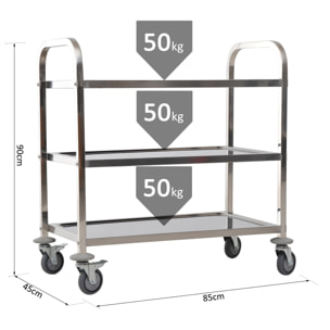 HOMCOM Chariot de service desserte de cuisine à roulettes 3 étagères 85L x 45l x 90H cm acier inox. chromé