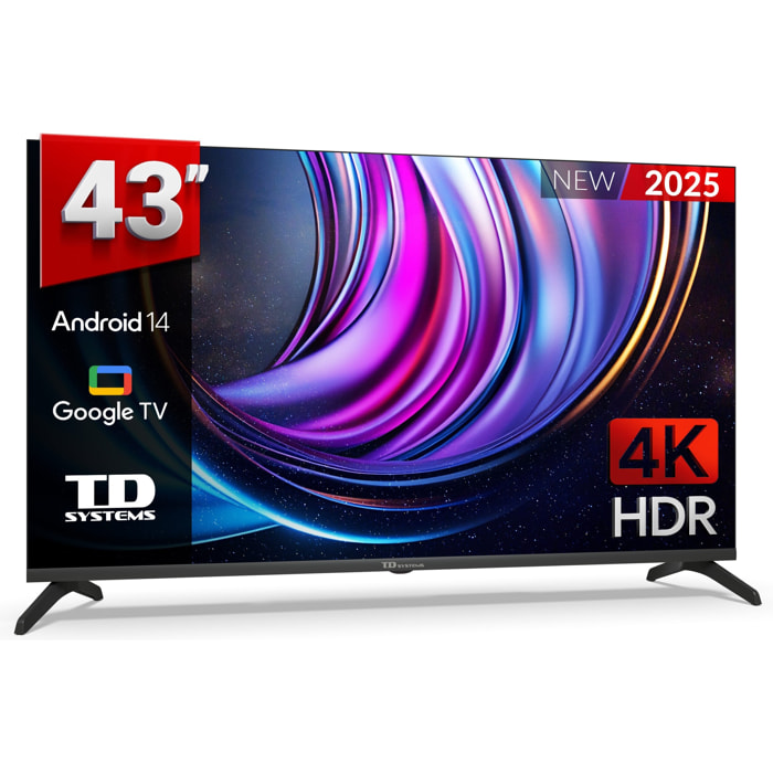 Smart TV 43 pulgadas 4K Hey Google Official Assistant con control por voz. Televisor Android 14 - TD Systems M43C21GLE