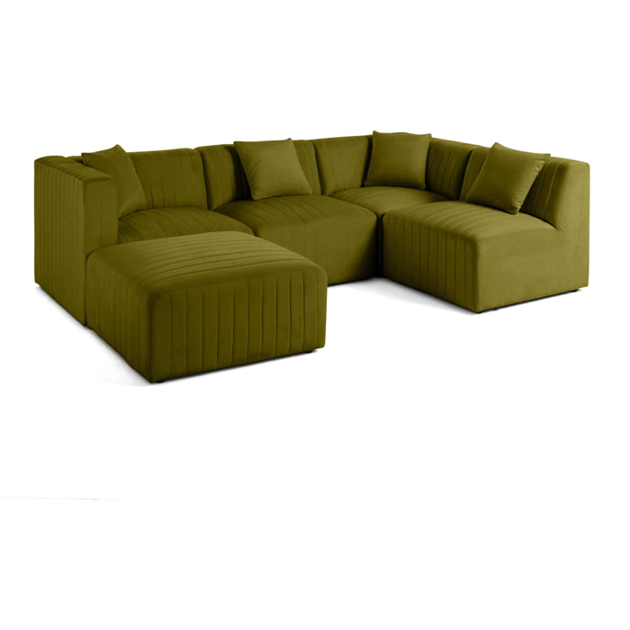Nova - canapé modulable d'angle droit - 5 places - avec pouf d'appoint - en velours - Vert Olive