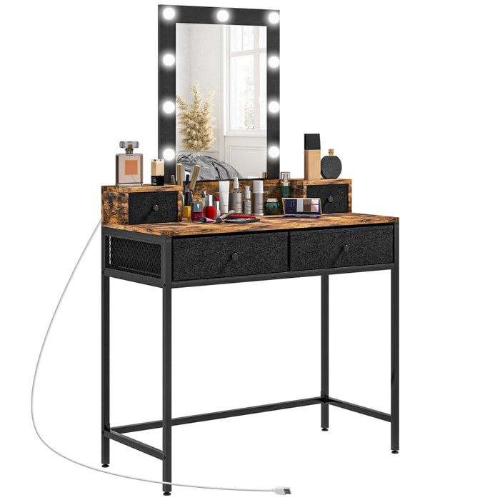 Coiffeuse style industriel - miroir LED réglable - 4 tiroirs tissu - acier noir aspect bois vieilli