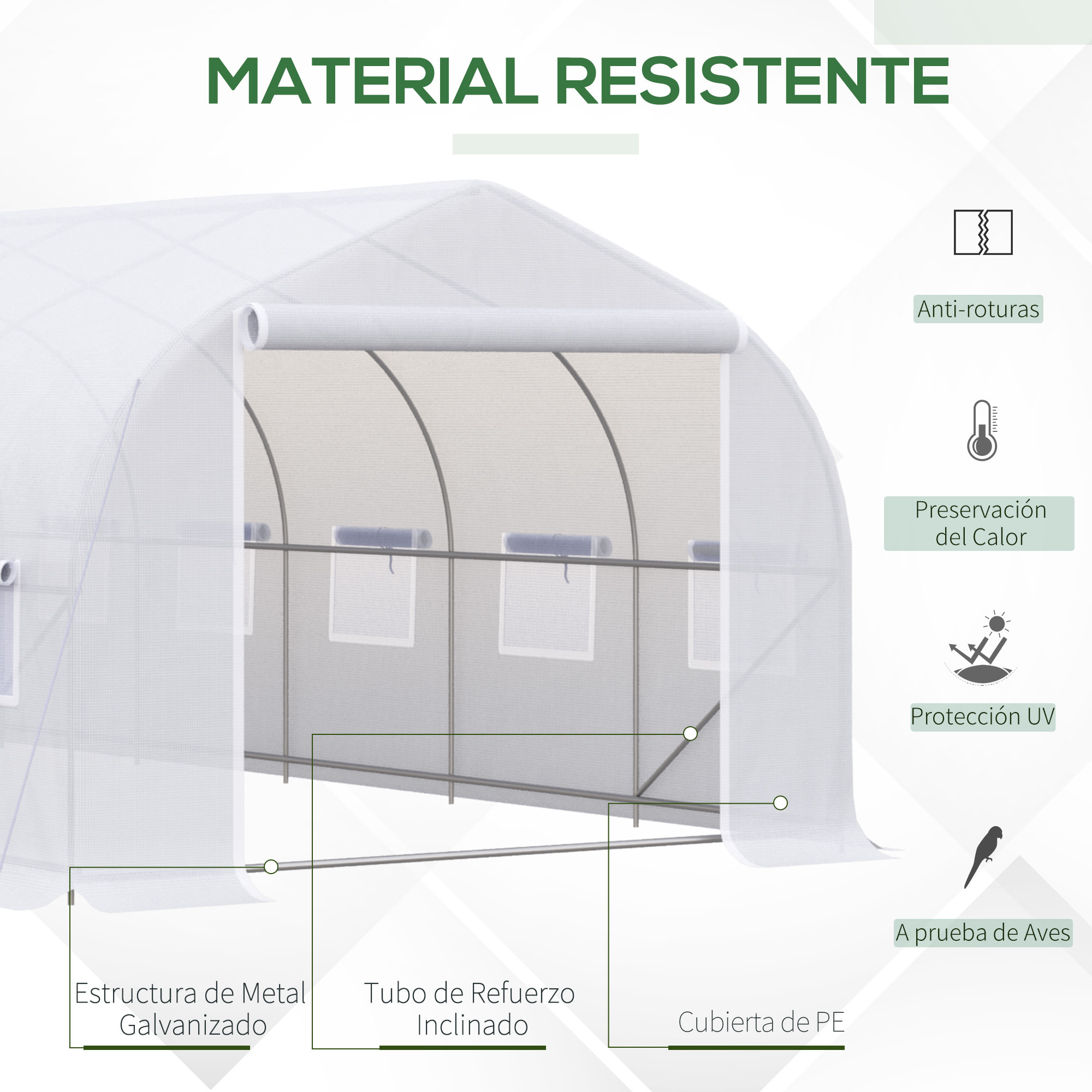 Invernadero de Túnel 595x300x200 cm Invernadero de Jardín Grande con 12 Ventanas y Puerta Enrollable con Cremallera Macro de Metal Resistente para Cultivo Plantas Blanco