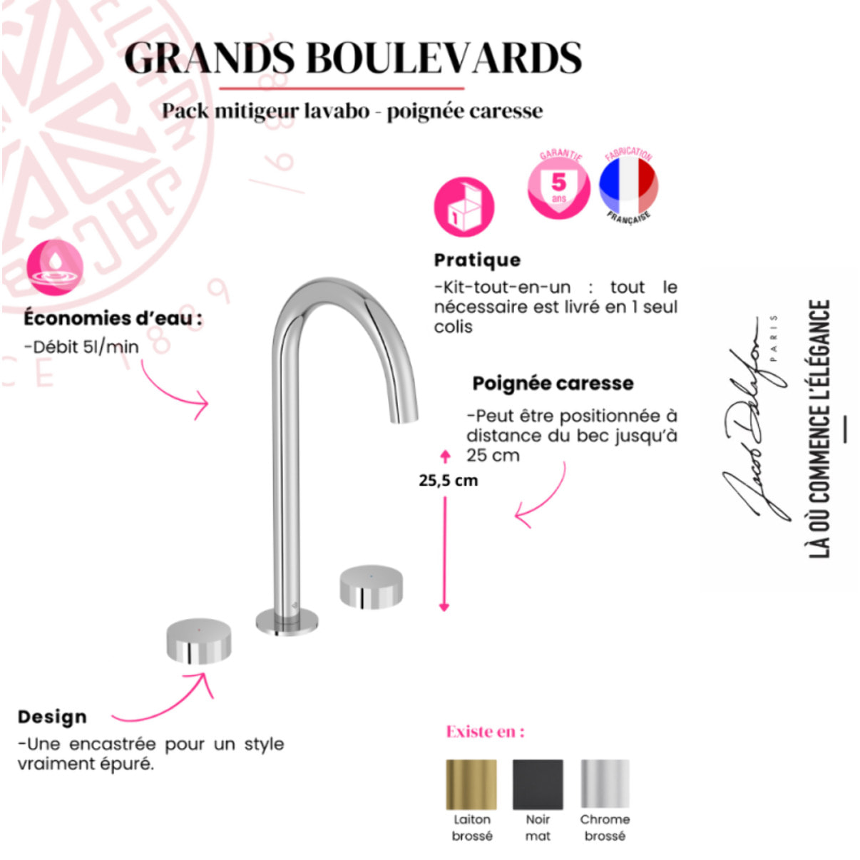 Pack mitigeur lavabo 3 trous XL Grands Boulevards noir mat avec mécanisme complet