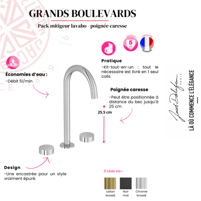 Pack mitigeur lavabo 3 trous XL Grands Boulevards noir mat avec mécanisme complet